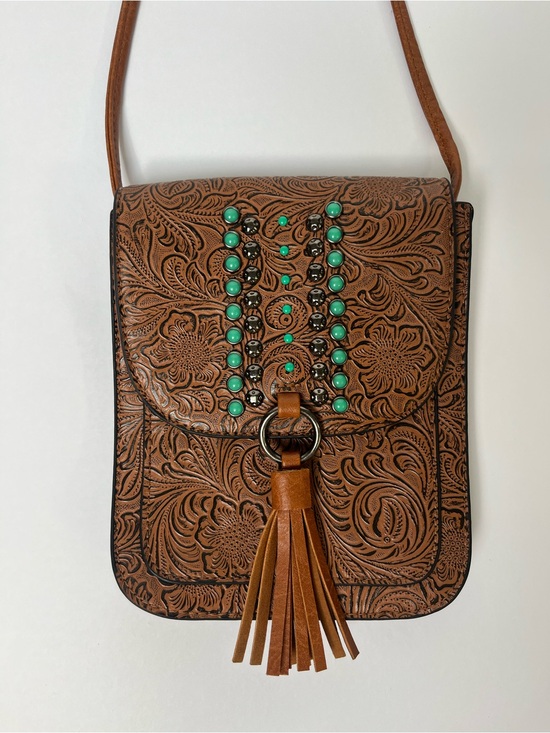 Handbags - Western Tooled Faux Leather Crossbody Bag Turquoise Studded Tassel Purse Boho